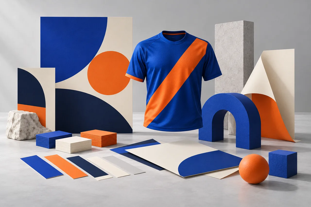 Coordinated blue and orange stationery, posters and a sports jersey concept